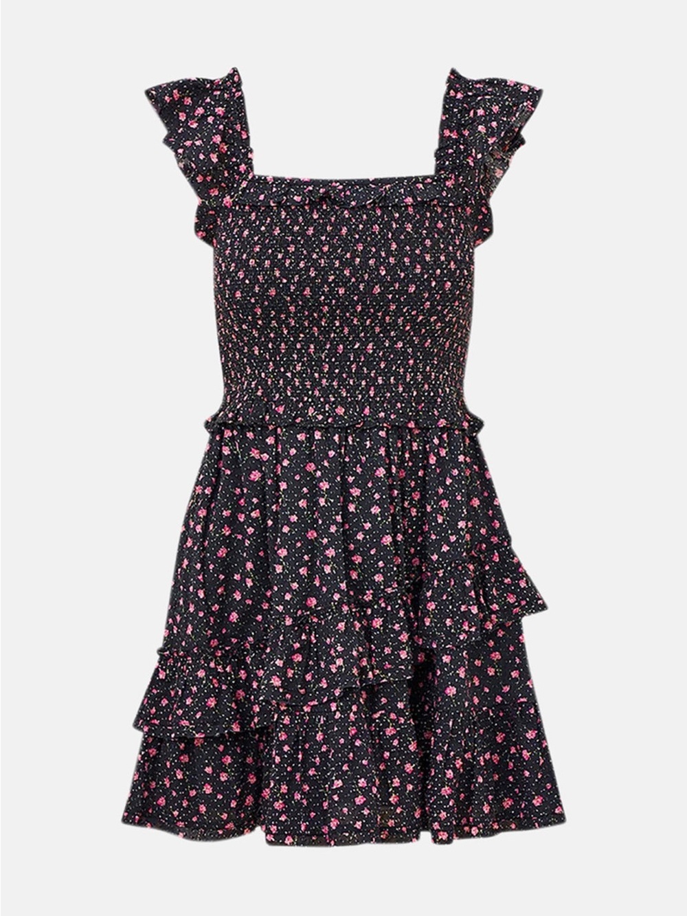 Loveshackfancy Aline Black Floral Smocked Flutter Sleeve Cotton Mini Dress M